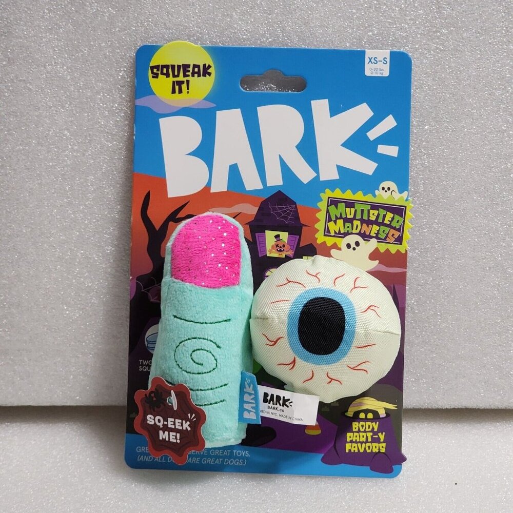 BARK Crinkle Squeak Muttster Madness EYEBALL & FINGER Plush Dog Toy XS-S New